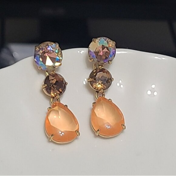 Vintage J Crew Gold Tone Iridescent Brown Orange Crystal Drop Dangle Earrings - Picture 2 of 12